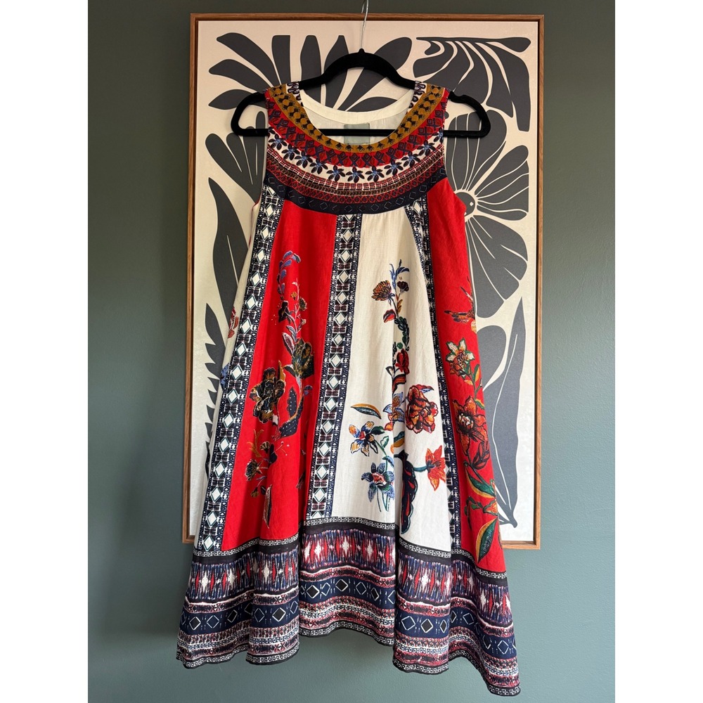 NWT Anthropologie Maeve Cirque Swing Dress Red Floral Linen Blend XS